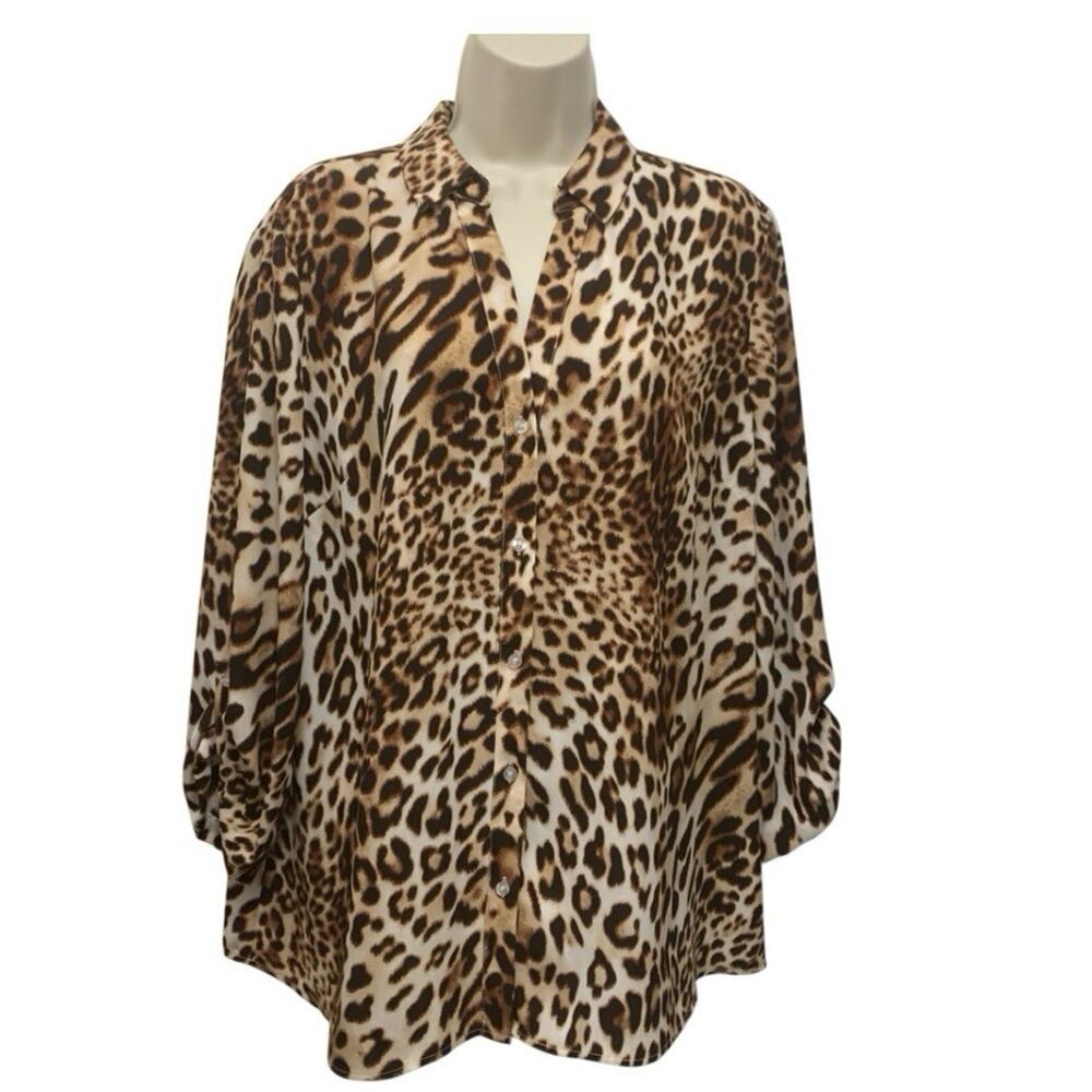 The Limited Ashton Womens L Leopard Animal Print Button Front Blouse Top